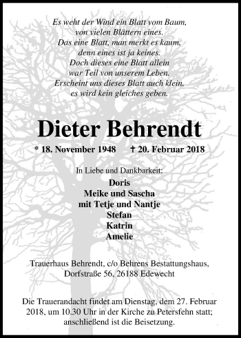 Traueranzeige von Dieter Behrendt von Nordwest-Zeitung
