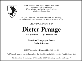 Traueranzeige von Dieter Prange von Nordwest-Zeitung