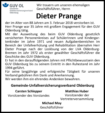 Traueranzeige von Dieter Prange von Nordwest-Zeitung