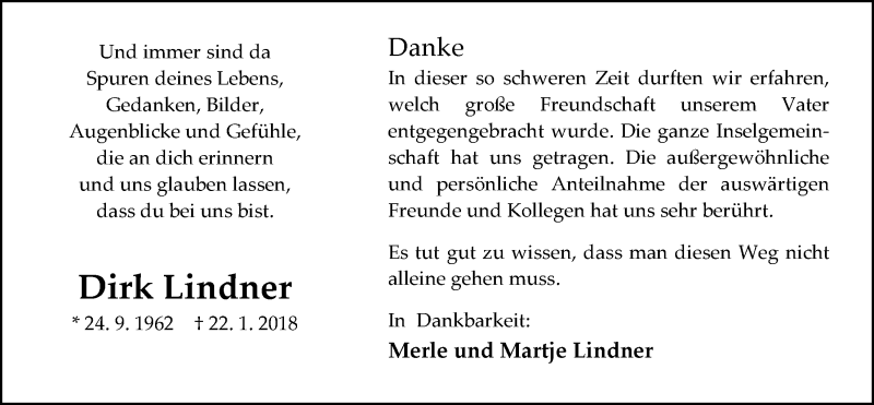  Traueranzeige für Dirk Lindner vom 24.02.2018 aus Nordwest-Zeitung