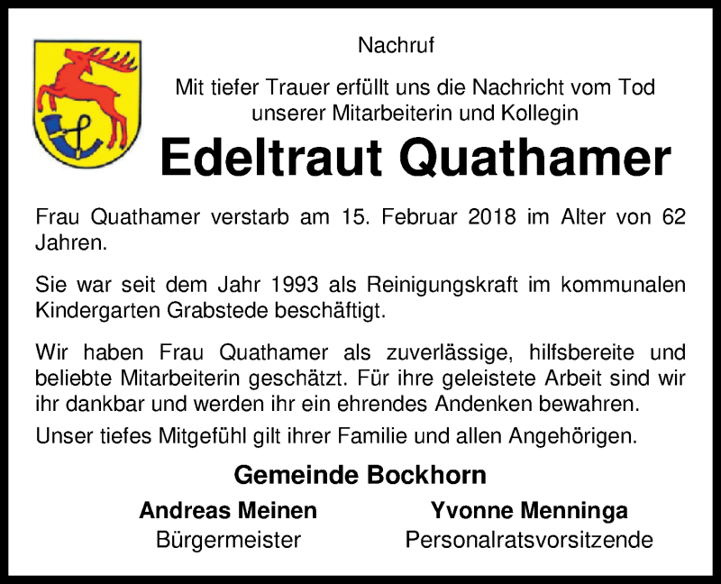  Traueranzeige für Edeltraut Quathamer vom 23.02.2018 aus Nordwest-Zeitung