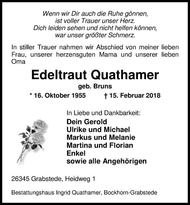  Traueranzeige für Edeltraut Quathamer vom 22.02.2018 aus Nordwest-Zeitung