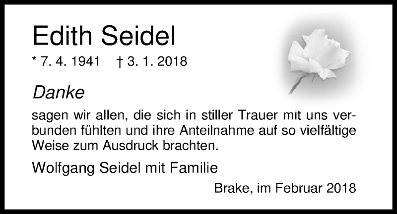  Traueranzeige für Edith Seidel vom 03.02.2018 aus Nordwest-Zeitung