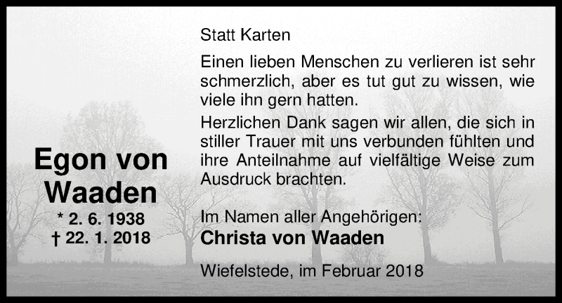  Traueranzeige für Egon von Waaden vom 22.02.2018 aus Nordwest-Zeitung