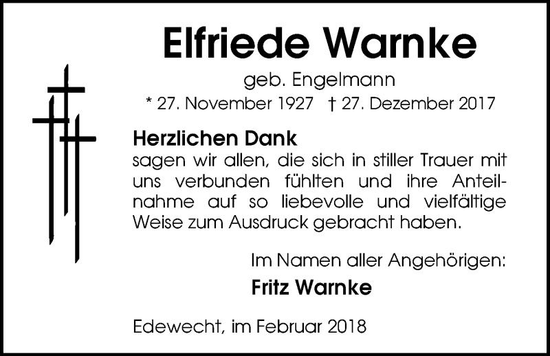  Traueranzeige für Elfriede Warnke vom 10.02.2018 aus Nordwest-Zeitung
