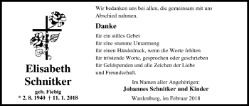 Traueranzeige von Elisabeth Schnitker von Nordwest-Zeitung