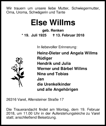 Traueranzeige von Else Willms von Nordwest-Zeitung