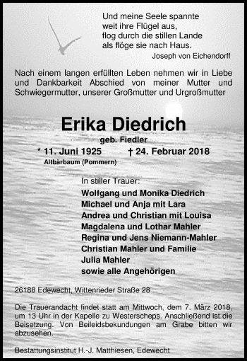 Traueranzeige von Erika Diedrich von Nordwest-Zeitung