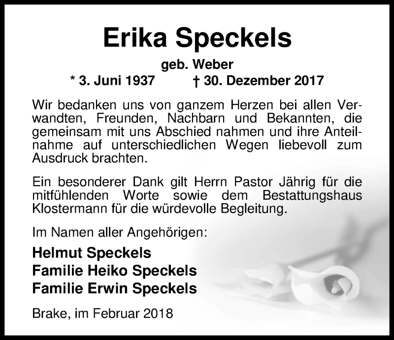  Traueranzeige für Erika Speckels vom 03.02.2018 aus Nordwest-Zeitung