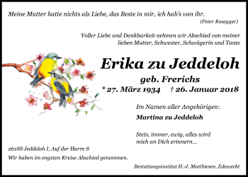 Traueranzeige von Erika  zu Jeddeloh von Nordwest-Zeitung