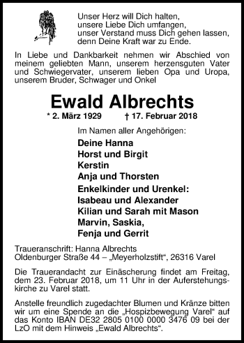 Traueranzeige von Ewald Albrechts von Nordwest-Zeitung