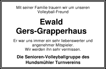 Traueranzeige von Ewald Gers-Grapperhaus von Nordwest-Zeitung