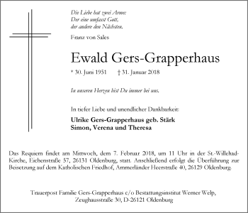 Traueranzeige von Ewald Gers-Grapperhaus von Nordwest-Zeitung