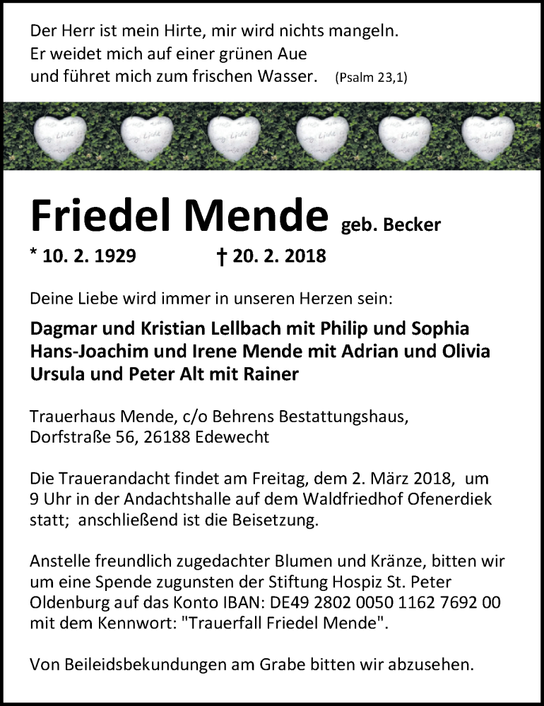  Traueranzeige für Friedel Mende vom 26.02.2018 aus Nordwest-Zeitung