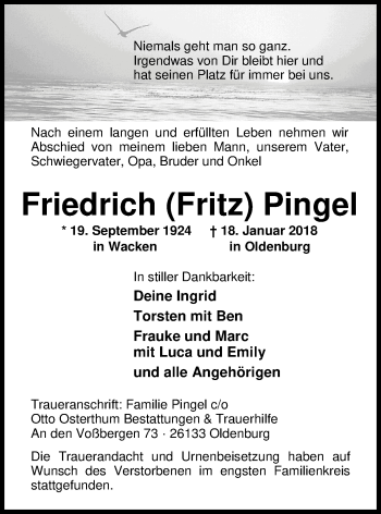 Traueranzeige von Friedrich (Fritz) Pingel von Nordwest-Zeitung