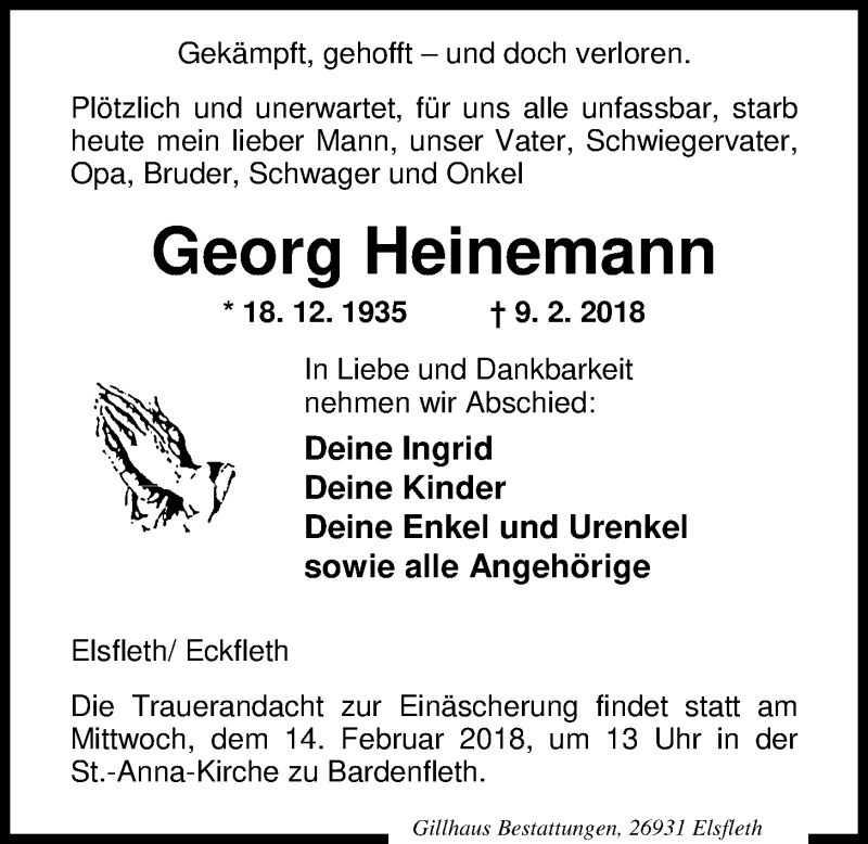  Traueranzeige für Georg Heinemann vom 12.02.2018 aus Nordwest-Zeitung