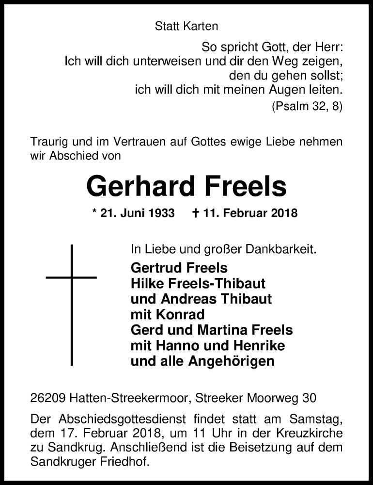  Traueranzeige für Gerhard Freels vom 13.02.2018 aus Nordwest-Zeitung