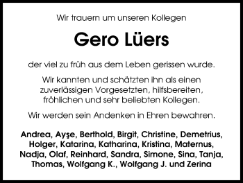 Traueranzeige von Gero Lüers von Nordwest-Zeitung