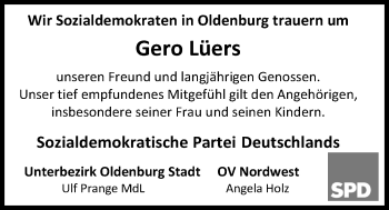 Traueranzeige von Gero Lüers von Nordwest-Zeitung