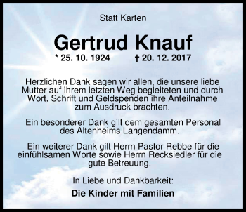 Traueranzeige von Gertrud Knauf von Nordwest-Zeitung