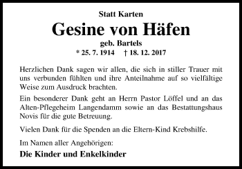 Traueranzeige von Gesine von Häfen von Nordwest-Zeitung