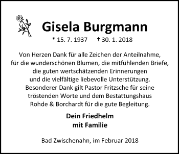 Traueranzeige von Gisela Burgmann von Nordwest-Zeitung