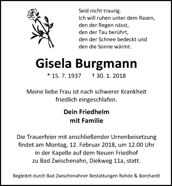 Traueranzeige von Gisela Burgmann von Nordwest-Zeitung