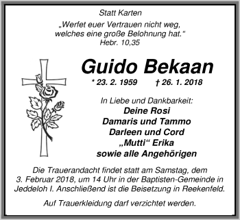 Traueranzeige von Guido Bekaan von Nordwest-Zeitung