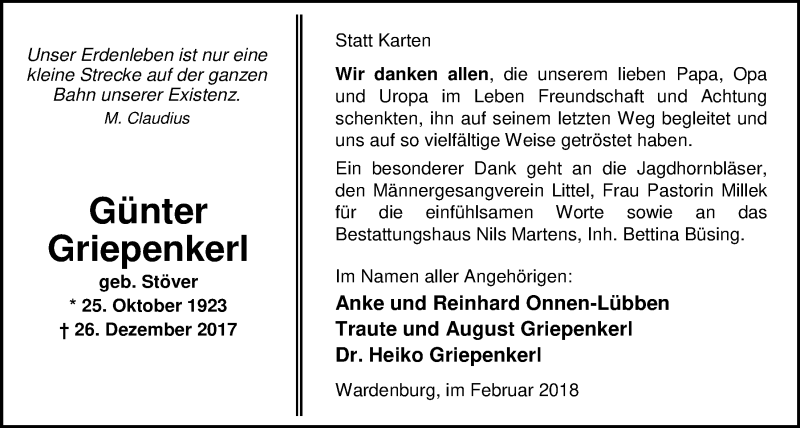  Traueranzeige für Günter Griepenkerl vom 17.02.2018 aus Nordwest-Zeitung