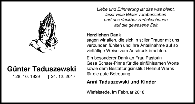  Traueranzeige für Günter Taduszewski vom 02.02.2018 aus Nordwest-Zeitung
