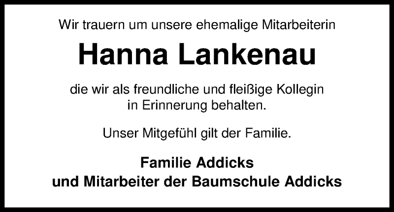  Traueranzeige für Hanna Lankenau vom 07.02.2018 aus Nordwest-Zeitung