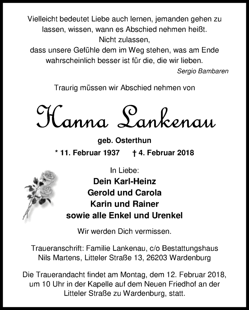  Traueranzeige für Hanna Lankenau vom 07.02.2018 aus Nordwest-Zeitung