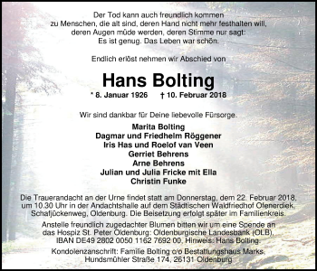 Traueranzeige von Hans Bolting von Nordwest-Zeitung