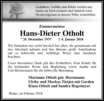 Traueranzeige von Hans-Dieter Otholt von Nordwest-Zeitung