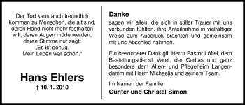 Traueranzeige von Hans Ehlers von Nordwest-Zeitung