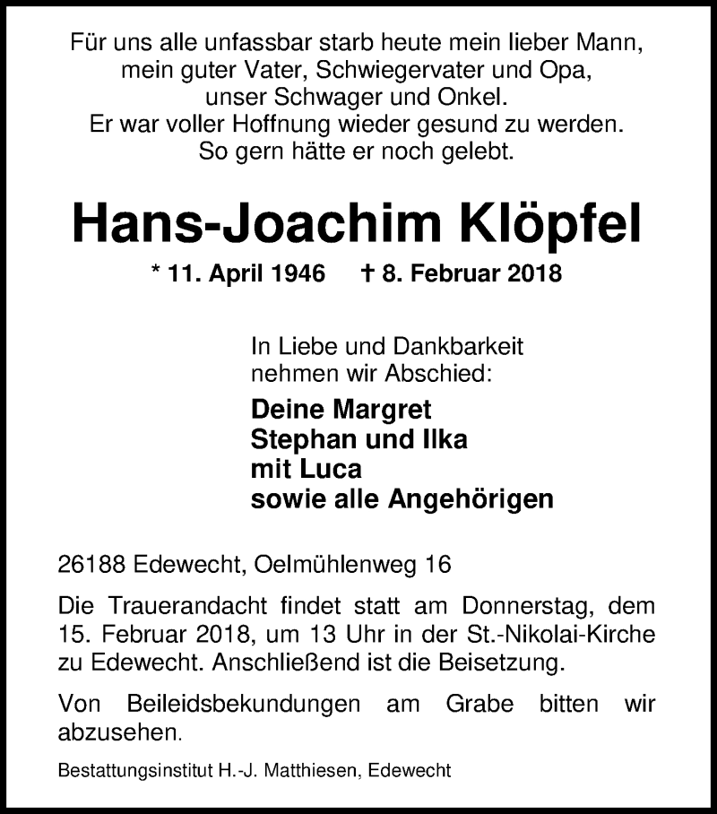  Traueranzeige für Hans-Joachim Klöpfel vom 13.02.2018 aus Nordwest-Zeitung