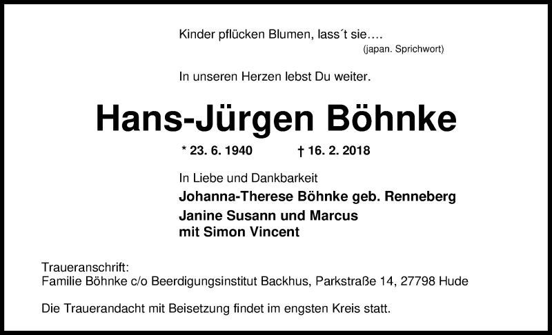  Traueranzeige für Hans-Jürgen Böhnke vom 21.02.2018 aus Nordwest-Zeitung
