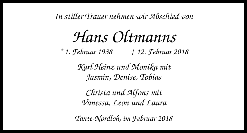  Traueranzeige für Hans Oltmanns vom 16.02.2018 aus Nordwest-Zeitung