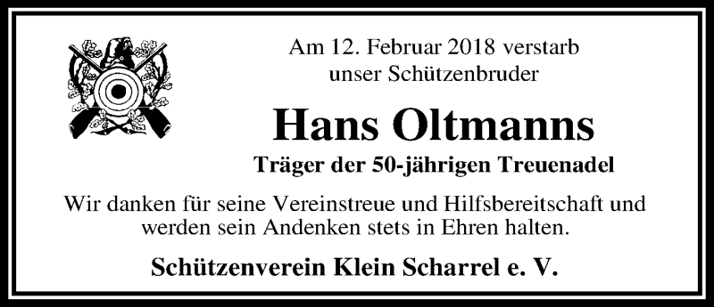  Traueranzeige für Hans Oltmanns vom 15.02.2018 aus Nordwest-Zeitung