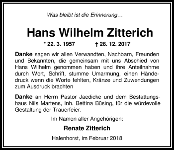 Traueranzeige von Hans Wilhelm Zitterich von Nordwest-Zeitung