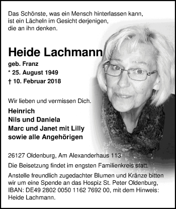 Traueranzeige von Heide Lachmann von Nordwest-Zeitung