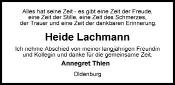 Traueranzeige von Heide Lachmann von Nordwest-Zeitung