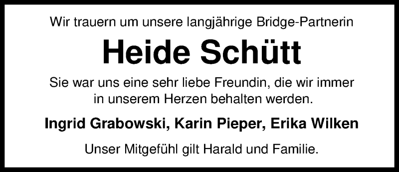  Traueranzeige für Heide Schütt vom 03.02.2018 aus Nordwest-Zeitung