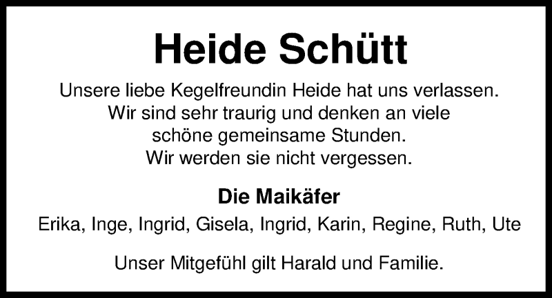  Traueranzeige für Heide Schütt vom 03.02.2018 aus Nordwest-Zeitung