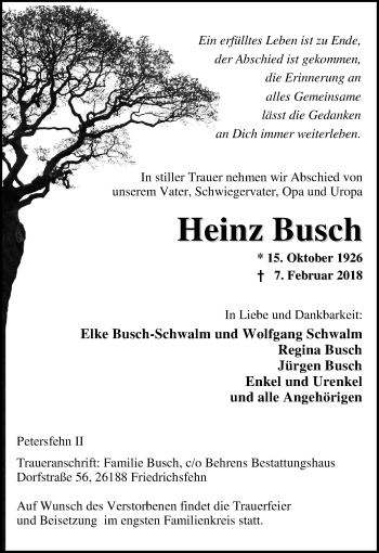 Traueranzeige von Heinz Busch von Nordwest-Zeitung