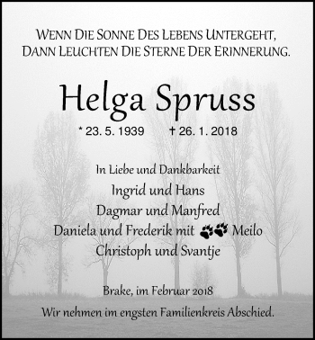 Traueranzeige von Helga Spruss von Nordwest-Zeitung