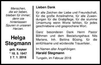 Traueranzeige von Helga Stegmann von Nordwest-Zeitung