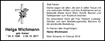 Traueranzeige von Helga Wichmann von Nordwest-Zeitung