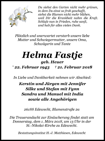 Traueranzeige von Helma Fastje von Nordwest-Zeitung