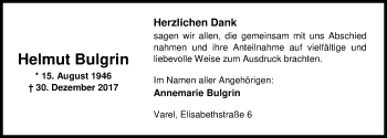 Traueranzeige von Helmut Bulgrin von Nordwest-Zeitung